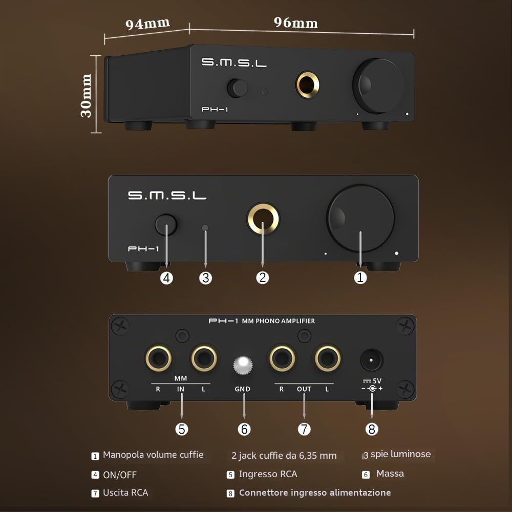 S.M.S.L PH-1 Amplificatore phono MM ad alta fedeltà guadagno oro 46dB SNR 84dB THD+N 0,008% jack per cuffie 6,35 mm Amplificatore ad alta risoluzione RCA ingresso/uscita volume palmare singolo MM AMP