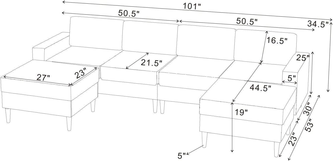 101" L-Shape Modular Sectional Couch, Convertible Corduroy Couch with 2 Ottomans, Modern 4 Seater Upholstered Modular Sectional Sofa for Apartment, Living Room, Dark Gray