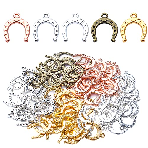 BronaGrand 100pcs Horseshoe Charms Pendant Alloy Vintage Beads Charms for Jewelry Making Necklace Bracelet DIY,5 Colors,16mm×13mm