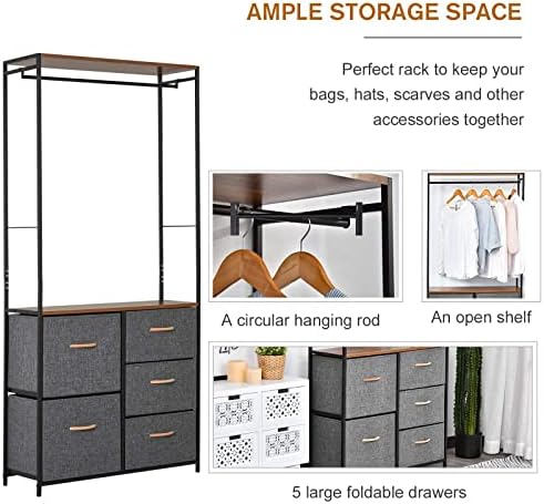 HOMCOM Chest of Drawers with Coat rack Steel Frame 5 Drawers Bedroom Hallway Home Furniture Black Brown