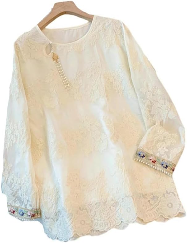 Women's Chinese Style Heavy Embroidered Lace Blouse Spring Retro Beaded Pendant Long Sleeve Top