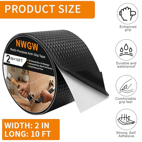 Image of Rubber Grip Tape, 2IN x 10FT Strong Adhesive Anti Slip Tape, Waterproof Heat Resistant Textured Surface for Enhanced Grip on Tools, Handlebars, Fitness Equipment & Slippery Handles (Black)