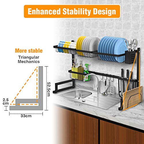 Over The Sink Dish Drying Rack, KINGSO 2 Tier Dish Rack Holder Stainless Steel Kitchen Non-Slip Dish Drying Drainer Rack w/Utensil Holder Hooks for Kitchen Counter Organization Storage Space Saver - Thumbnail 3
