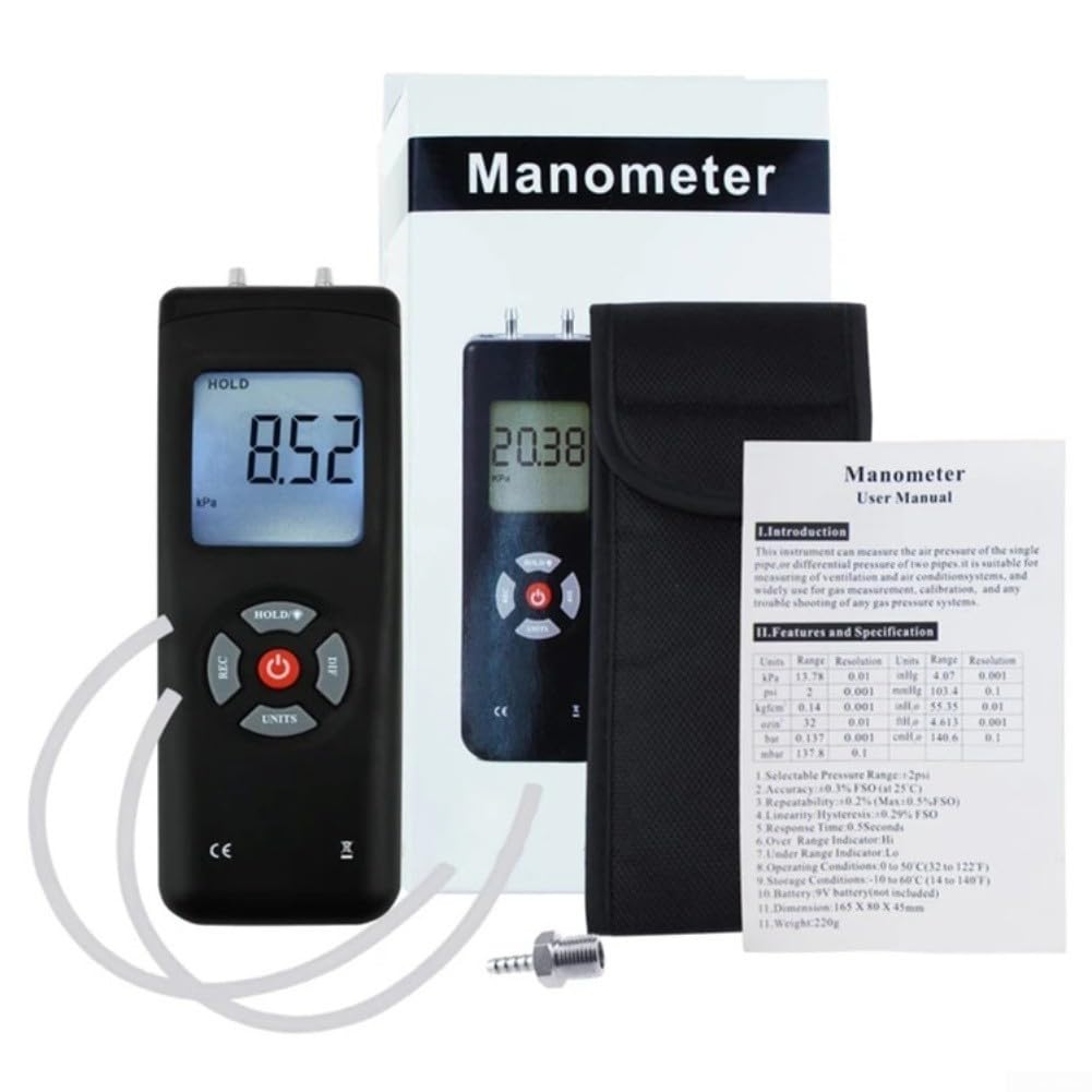 Misuratore di pressione del gas a vuoto portatile con display digitale con funzione di retroilluminazione per ventilazione aria condizionata e diagnostica del sistema a gas, nero
