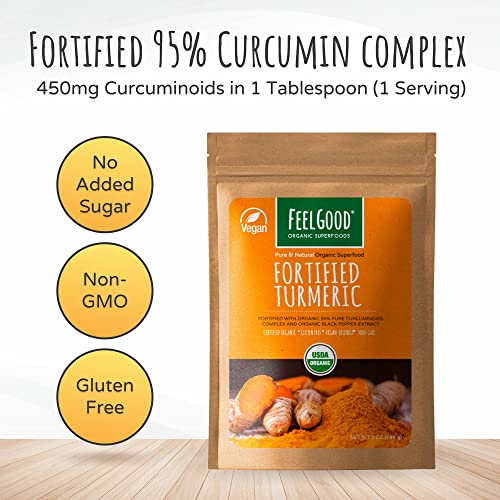 Feelgood Organic Superfoods Fortified Turmeric Powder With Curcumin And Black Pepper, 95% Curcuminoids, Vegan, Gluten Free, Non-Gmo, Pure Ground Turmeric Root From India, 7 Oz #TOP4