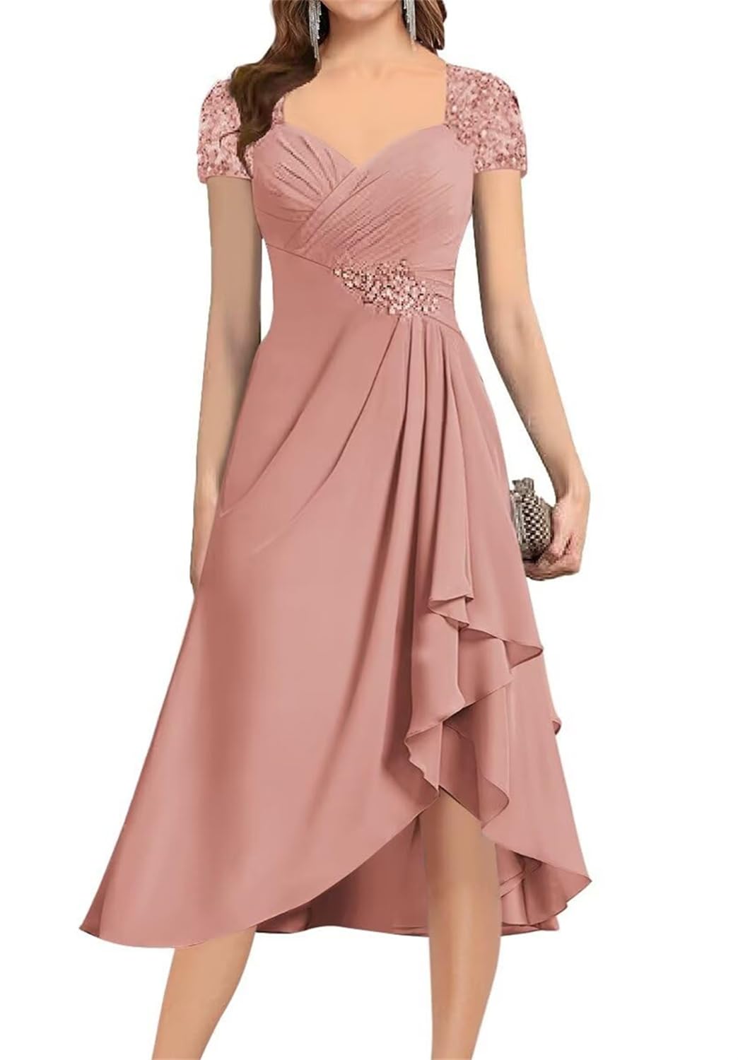 Yiann Women's Dusty Rose Classy Chiffon Mother Of The Bride Dresses With Sleeves For Tea Length Formal Dress Evening Gown Uk16