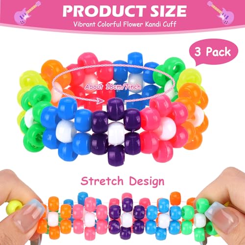 3 Pcs Flower Kandi Bracelets Neon Colored Stretch Rave Candy Bracelets Multi Color Beaded Flower Kandi Cuff Rave Accessories Jewelry Music Party Favor for Women Friends EDM Party Music Festival by SMAODSGN - Image 2