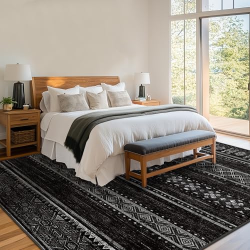 BESTSWEETIE 8x10 Area Rugs for Living Room Washable Moroccan Farmhouse Neutral Geometric Low Pile Non-Slip Soft Print Pattern Rug for Bedroom Kitchen Dining Room Entryway Black/White