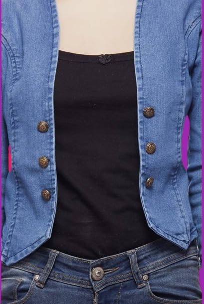 Image of Women's Denim Jacket, Blue, 3 /4 Sleeve, Button Front, Casual Blazer Style