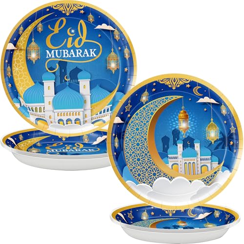 Pezutoi Ramadan Plates for Home Blue and Gold Eid Mubarak Ramadan 9 Inch 24Pcs Paper Plates for Ramadan Party Decorations