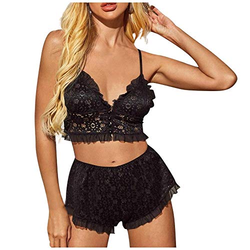 Nuisette en dentelle sexy pour femme avec soutien-gorge et short grand taille 3XL noir