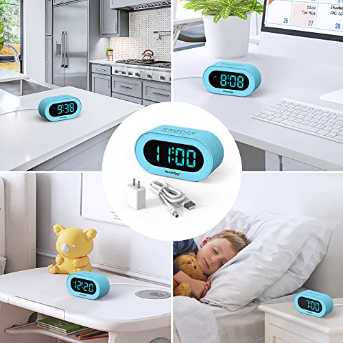 Reacher Kids Blue Alarm Clock With Snooze, Simple To Operate, 0-100% Dimmer, Adjustable Volume, Outlet Powered, Small Led Boys Clock For Bedrooms #TOP6