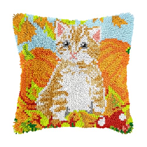 Image of bositigo Cat Latch Hook Pillow Kit for Adults & Kids, DIY Pre-Printed Canvas Craft, 17x17 Inch Decorative Cover for Sofa Cushions, Bedroom Decor (Cat Pattern 44)