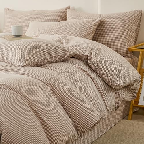 Image of EAVD Tan Plaid Gingham Duvet Cover Full Soft 100% Washed Cotton Reversible Tan and White Plaid Duvet Cover with 2 Pillowcases Farmhouse Ginggham Bedding Set with Zipper Closure