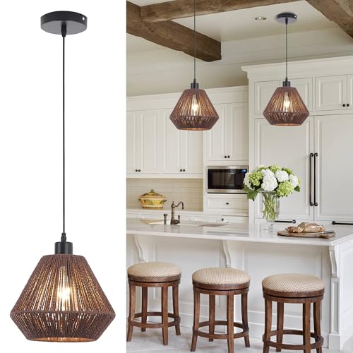 Oninio Woven Pendant Lights - Rustic Rattan Hanging Lamp for Kitchen Island, Bedroom, Farmhouse Bar - Adjustable Handwoven Basket Shade - Boho Pendant Light Fixtures (25cm / Coffee)