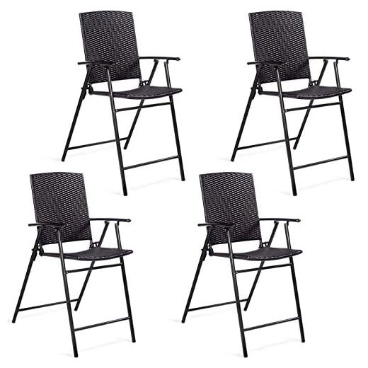 Casart Folding Wicker Rattan Bar Chairs Set of 4 Tall Stool with Back,Steel Frame,Armrests and Footrest Bar Stools Garden Patio Furniture Set