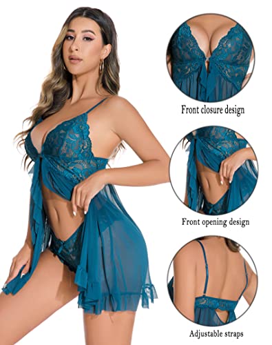 Women Lingerie Front Closure Babydoll Lace Chemise V Neck Ruffle Nightgown Sexy Sleepwear3