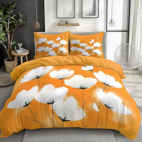 Orange Duvet Cover Queen Size for Kids Teen Floral Pattern White Print Bedding Sets with 2 Pillowcase, Reversible Super Soft Bedroom Decor Bed Cover 3 Piece for Boys Girls