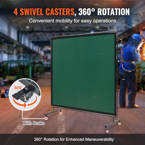 Image of VEVOR Welding Screen with Frame, 6' x 6' Welding Curtain Screen, Flame-Resistant Vinyl Welding Protection Screen on 4 Swivel Wheels (2 Lockable), Moveable & Professional for Workshop /Industrial, Green