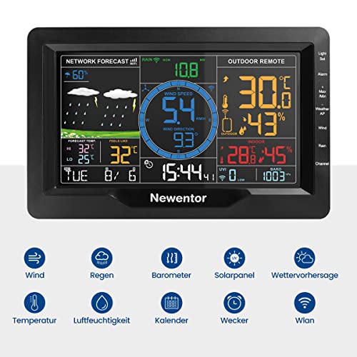 Foto von Newentor WLAN Wetterstation Funk mit Außensensor, Windmesser und Regenmesser mit Datenaufzeichnung, Wi-Fi Internet Wetterstation mit Wettervorhersage, Temperatur- und Feuchtigkeitsalarm, Solarpanel