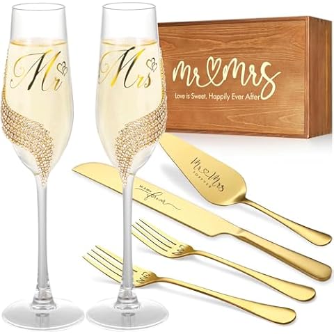 VARLKA Wedding Cake Knife and Server Set, Gold Mr and Mrs Champagne Flutes and Cake Cutting Set for Wedding Bridal Shower Gifts (Gold) Cover