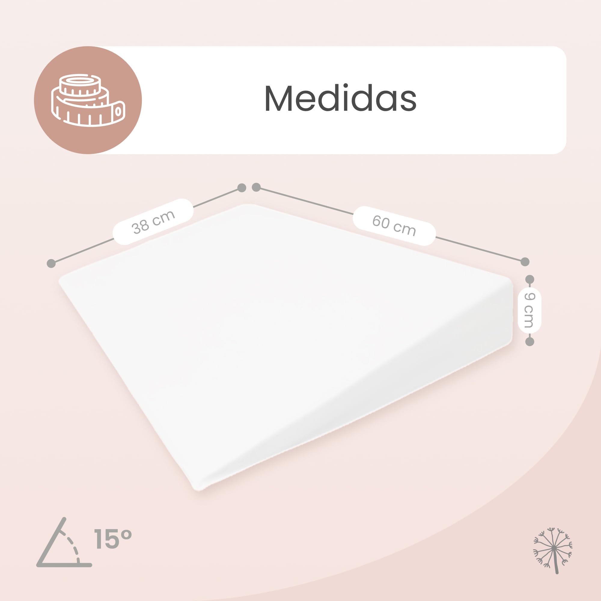MIMUSELINA Cojin Cuña Antireflujo | Almohada Cuña Elevar Colchon y Evitar Reflujo y Cólicos | Almohada Pequeña para Cama | Impermeable | Hecho en España | Forma Rectangular | 60x38x9 cm