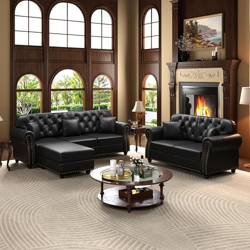 Image of KEIKI 2-Piece Chesterfield Sofa Set with 1 Faux Leather 3-Seater Sofa & 1 Loveseat Sofa, Upholstered 5-Seater Couch Set with Nailhead Trim & Rolled Arms & 1 Ottoman & 5 Pillow, for Living Room, Black