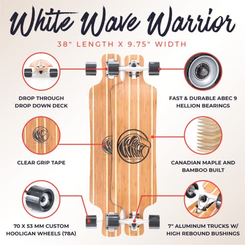 White Wave Bamboo Longboard Skateboard. Drop Deck Long Board For Cruising, Carving And Freestyle Fun. Great Board For Beginner, Intermediate, Or Advanced Riders (Warrior) #TOP1