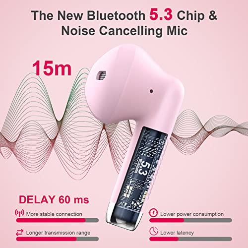 Image of Wireless Earbuds, Bluetooth 5.4 Headphones in Ear with Noise Cancelling Mic | Bluetooth Earbuds Stereo Bass, IP7 Waterproof Sports Earphones, 32H Playtime USB C Charging Ear Buds Pink for Android iOS