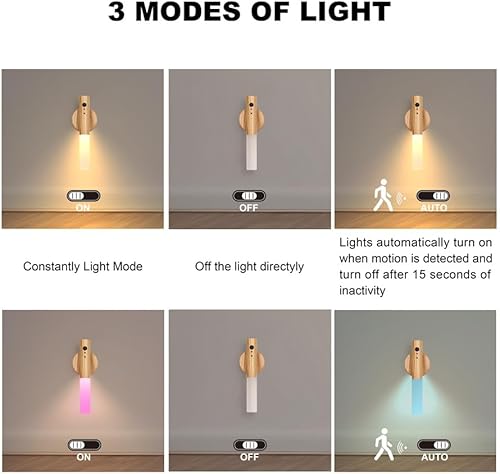 Vista 9 de LANDGOO - Lámparas nocturnas de madera con sensor de movimiento y cuerpo magnético, decoraciones LED recargables y portátiles para pared, funcionan