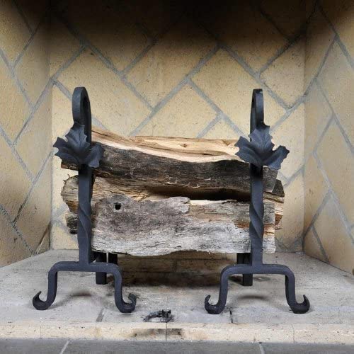 Oakestry Maple Leaf Wrought Iron Fireplace andirons, Black
