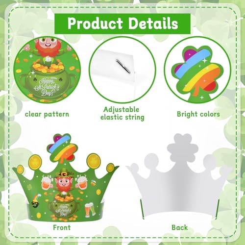 Kreyfer 12 Pcs St. Patrick's Day Paper Crowns Bulk Party Favors - 4 Designs Green Lucky Leprechaun Hats, Rainbow & Shamrock Headwear, Holiday Party Supplies, Fun Irish Accessories for Kids & Adults - Image 4