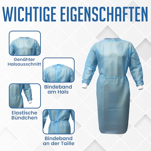 10 Stück - Patientenkittel & Isolationskittel – Einweg-Schutzkittel/Besucherkittel – Krankenhauskittel - Schutzkittel für Pflege – PP-Vlies – Universalgröße – Hellblau – 35 g/m² - BORNOVA