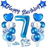 🎈 Decoración de cumpleaños niño de 1 año: 1 globo de aluminio azul (91 cm), 24 globos de látex (1 azul, 1 azul claro, 1 blanco, 1 confeti), 2 globos de papel de estrella, 2 cintas de globos, 1 pancarta de cumpleaños, confeti de 10 g.