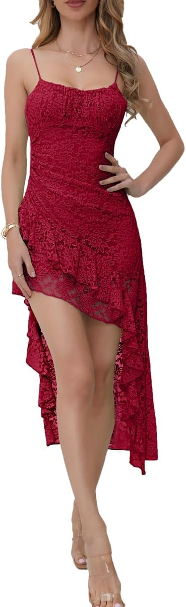 Women's Floral Lace Ruched Spaghetti Straps Maxi Dress Side Hi-Lo Formal Evening Dresses - Image 5