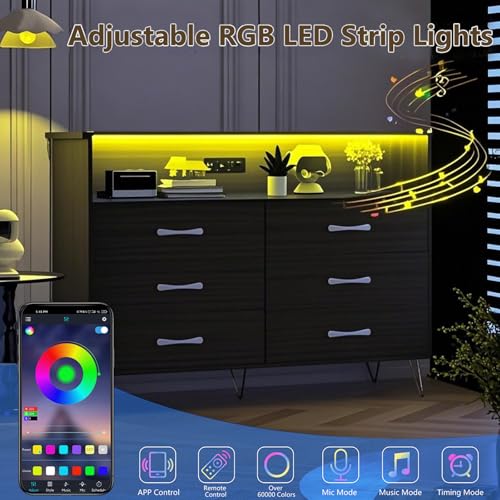 Image of Dresser for Bedroom with 6 Drawers, Wide Wood Chest of Drawers with Charging Station & RGB LED Lights - Storage and Organization Dresser for Living Room, Closet, Hallway, MDF Cabinet, Black