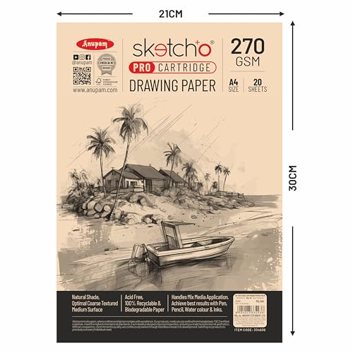 Image of Anupam SketchO Pro Sketching & Drawing Paper A4 | 20 Sheet 40 Pages | 270 GSM Sheet for Pencil, Charcoal, Graphite, redchalk Pastel, Chalk, Oil Pastel & Wax Crayon for Artist's & Amateurs (Set of 2)