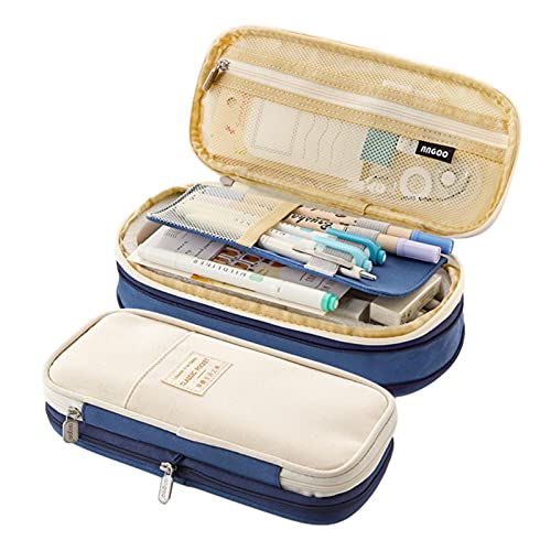 fllyiingu Federmäppchen mit großem Fassungsvermögen, große Federtasche, Faltbarer Stifttaschenhalter, für Schule, Büro, Zuhause, Kunst, Reisen (Beige/Blau) Cover