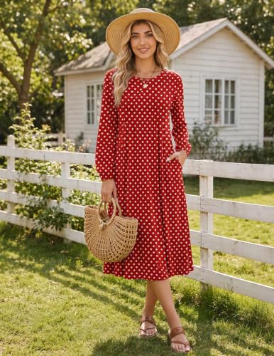 Image of Zeagoo Fall Dresses for Women Long Sleeve Midi Dress Casual A Line Dresses 2026 Pleated Flare Dress with Pockets