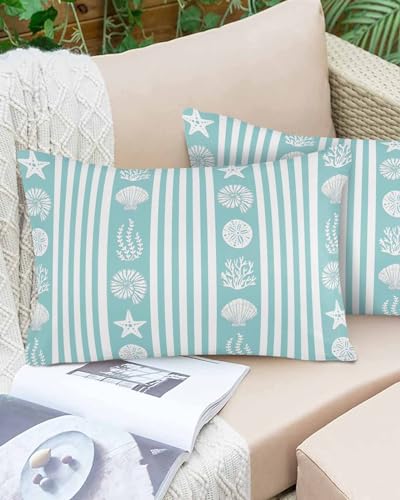 Boanket Lumbar Pillow Covers 12 x 20 In, Teal Striped Coastal Waterproof Throw Pillow Cover Set of 2, Nautical Beach Starfish Shell Home Decorative Rectangle Cushion Covers for Patio/Tent/Couch/Garden