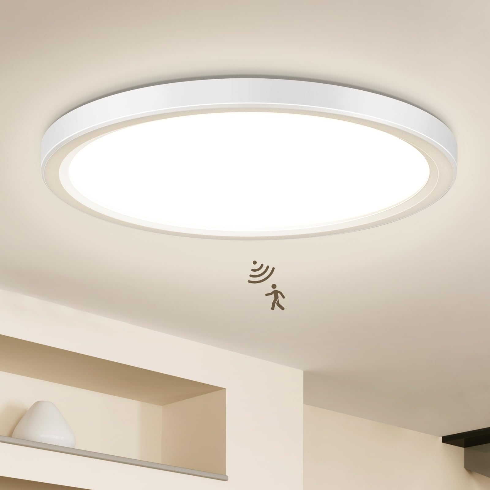 LED Deckenleuchte mit Bewegungsmelder innen(＞35LM, Keine Bewegung, Licht ist aus), 18W 1800LM Deckenleuchten Radar Bewegungssensor, Warmweiß/Neutralweiß/Kaltweiß für Keller Flur Garage TreppeΦ23*2.8cm