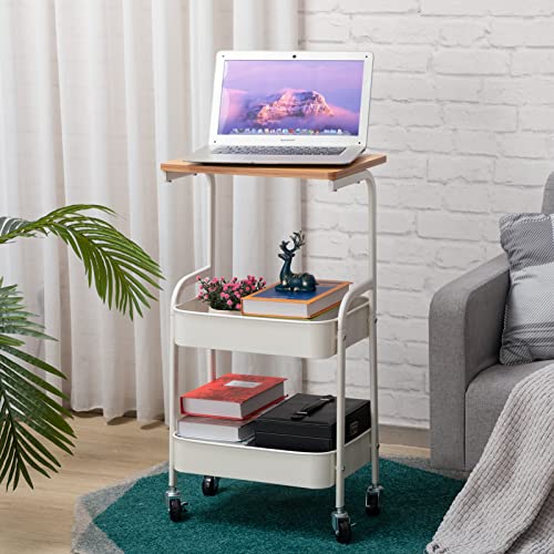 Agtek 3 Tier Storage Utility Rolling Cart With Wooden Board, Metal Organizer Removable Computer Desk Cart With Baskets And Wheels For Home & Office, White #TOP3