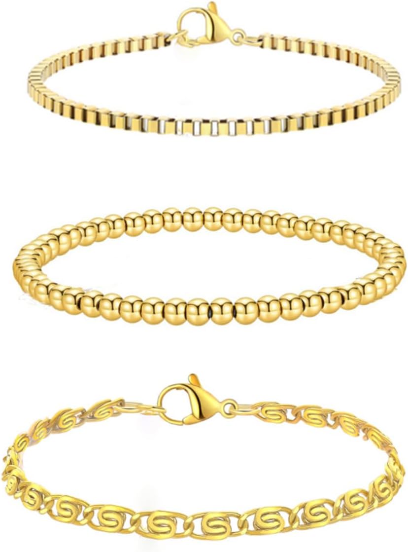 Gold Bracelets for Women-18K Gold Bracelet Set，Elegant Women's Box Bead Bracelet Jewelry Set Gilded women's stackable bracelet