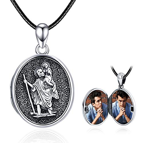 KINGWHYTE Locket Necklace for Men S925 Sterling Silver St Christopher Pictures Locket Necklace Saint Christopher Archangle Protect Necklace for Women