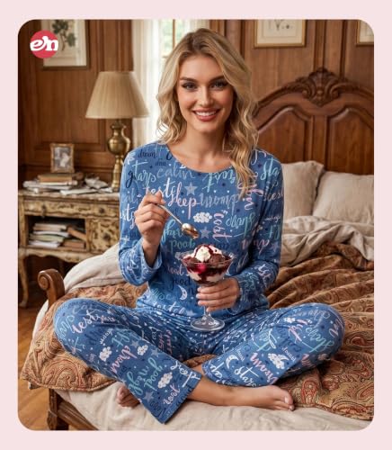 Image of ENJOYNIGHT Womens Pajama Set Cotton Pjs Long Sleeve Sleepwear with Pockets | Two Piece Crew Neck Sleep Set, Elastic Waist Long Pant, Lightweight Loungewear
