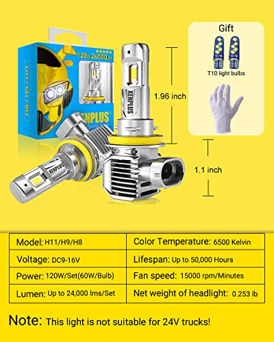 Xenplus H11 Led Headlight Bulbs,2023 New Upgraded 120W 24000Lm Per Set,700% Brighter,6500K Cool White Ip68 Waterproof H11/H9/H8 Led Headlights Conversion Kit Plug And Play,Pack Of 2 (H11/H9/H8) #TOP4