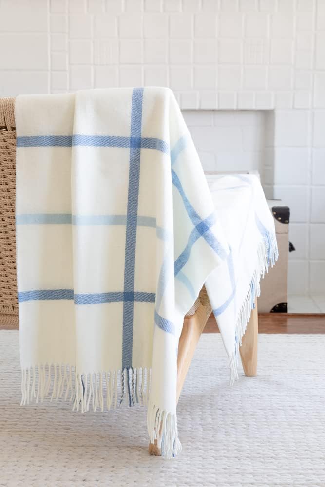 Lands Downunder All-Season, Luxury Blue Denim/Baby Blue Tattersall Plaid Throw – Soft Woven Throw with Decorative Fringe – Made in Italy – 51”W x 67”L - Perfect for Gifting