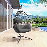 Piltwoff Hanging Egg Chair with Stand, Indoor Outdoor Wicker Rattan Egg Swing Chair with Cushion Headrest, Hammock Chair 350lbs Capacity for Bedroom Patio Porch Garden Balcony(Grey)
