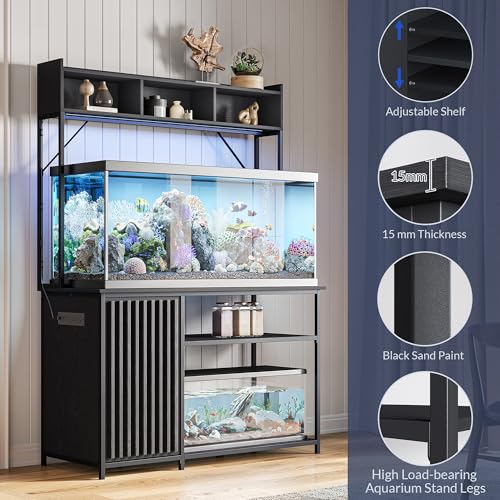 Image of BELLEZE 55-90 Gallon Aquarium Stand with LED Lights, Fluted Cabinet for Fish Tank Accessories Storage, Heavy Duty Metal & Power Outlets, 1200 LBS Capacity, Turtle Tank Reptile Terrarium, Black Ebony