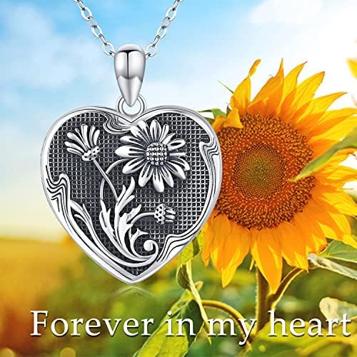 Sunflower Locket Necklace for Women, 925 Sterling Silver Love Heart Locket Necklace That Holds Pictures, Sunflower Engraved Pendant for Women Girls, Forever in My Heart Memory Jewellery Gift